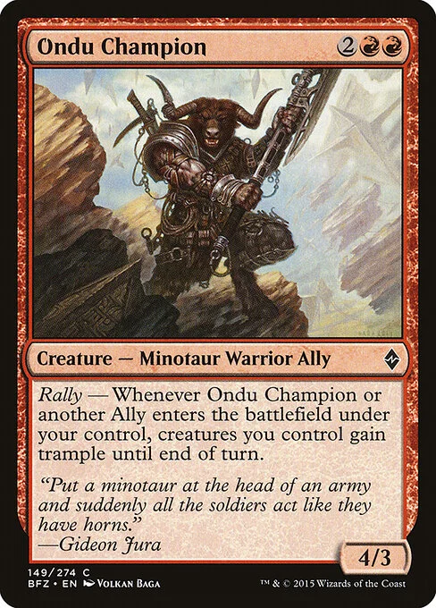 Ondu Champion, carta Magic di tipo Creature — Minotaur Warrior Ally illustrata da Volkan Baǵa