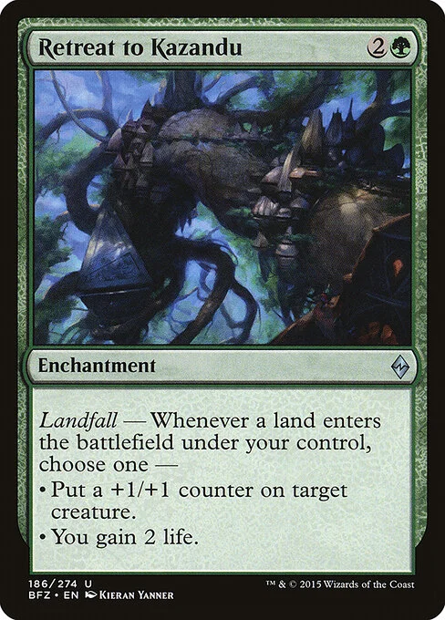 Retreat to Kazandu, carta Magic di tipo Enchantment illustrata da Kieran Yanner