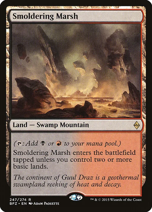 Smoldering Marsh, carta Magic di tipo Land — Swamp Mountain illustrata da Adam Paquette