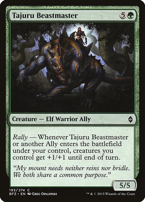 Tajuru Beastmaster, carta Magic di tipo Creature — Elf Warrior Ally illustrata da Greg Opalinski
