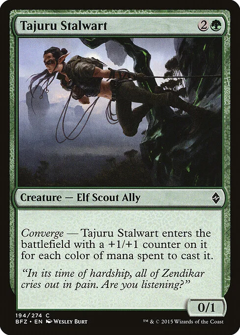 Tajuru Stalwart, carta Magic di tipo Creature — Elf Scout Ally illustrata da Wesley Burt