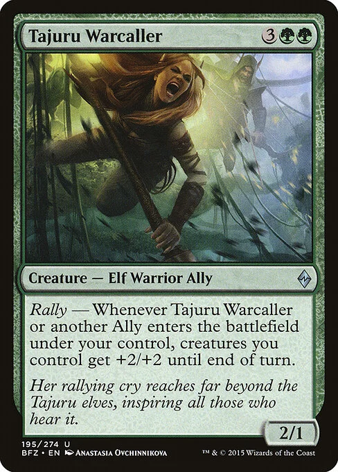 Tajuru Warcaller, carta Magic di tipo Creature — Elf Warrior Ally illustrata da Anastasia Ovchinnikova