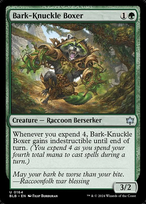 Bark-Knuckle Boxer, carta Magic di tipo Creature — Raccoon Berserker illustrata da Filip Burburan
