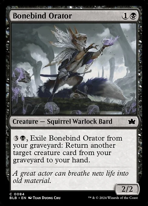 Bonebind Orator, carta Magic di tipo Creature — Squirrel Warlock Bard illustrata da Tuan Duong Chu