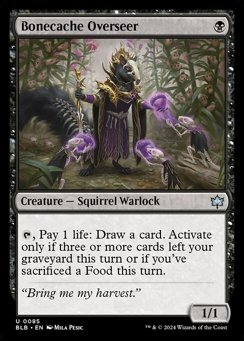 Bonecache Overseer, carta Magic di tipo Creature — Squirrel Warlock illustrata da Mila Pesic