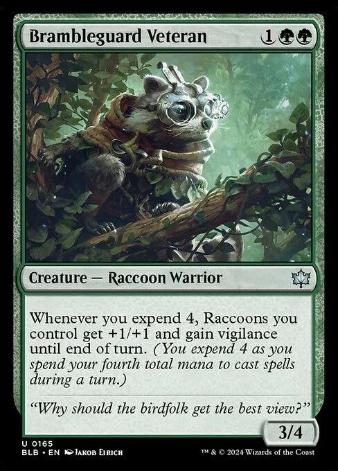 Brambleguard Veteran, carta Magic di tipo Creature — Raccoon Warrior illustrata da Jakob Eirich