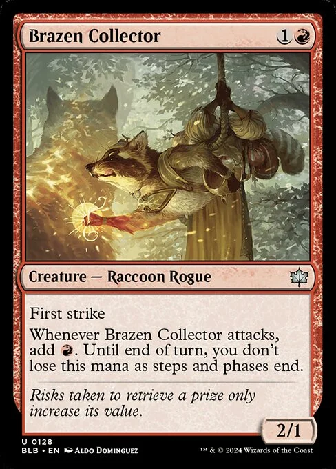 Brazen Collector, carta Magic di tipo Creature — Raccoon Rogue illustrata da Aldo Domínguez
