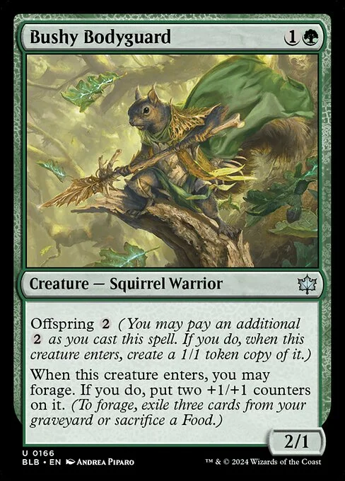 Bushy Bodyguard, carta Magic di tipo Creature — Squirrel Warrior illustrata da Andrea Piparo