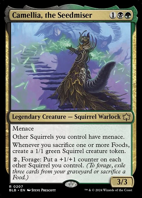Camellia, the Seedmiser, carta Magic di tipo Legendary Creature — Squirrel Warlock illustrata da Steve Prescott