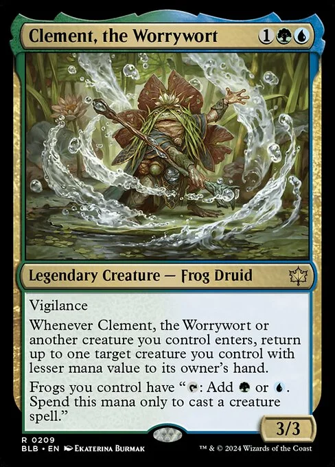 Clement, the Worrywort, carta Magic di tipo Legendary Creature — Frog Druid illustrata da Ekaterina Burmak