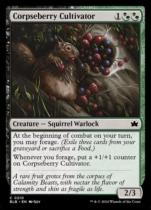 Corpseberry Cultivator, carta Magic di tipo Creature — Squirrel Warlock illustrata da Izzy