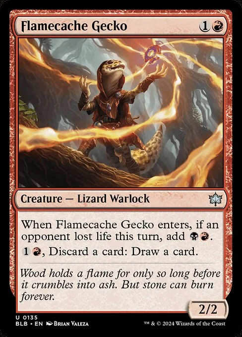 Flamecache Gecko, carta Magic di tipo Creature — Lizard Warlock illustrata da Brian Valeza