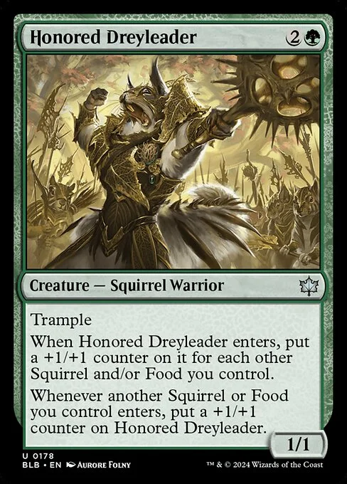 Honored Dreyleader, carta Magic di tipo Creature — Squirrel Warrior illustrata da Aurore Folny