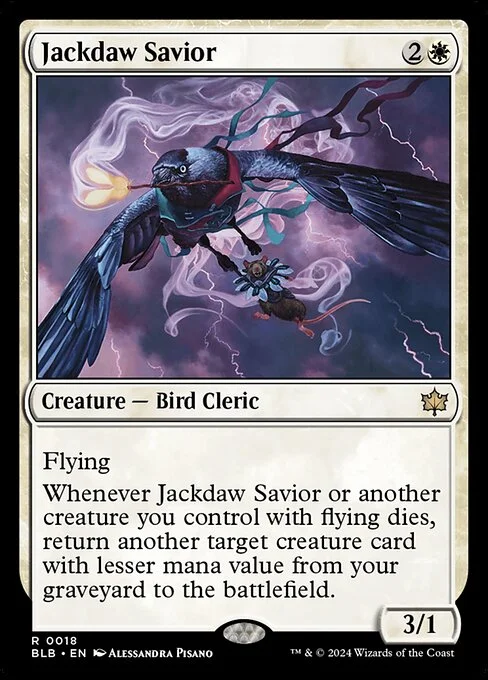 Jackdaw Savior, carta Magic di tipo Creature — Bird Cleric illustrata da Alessandra Pisano