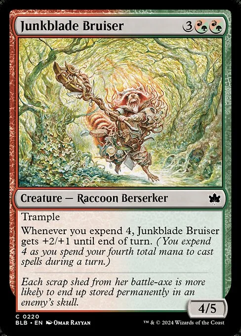 Junkblade Bruiser, carta Magic di tipo Creature — Raccoon Berserker illustrata da Omar Rayyan