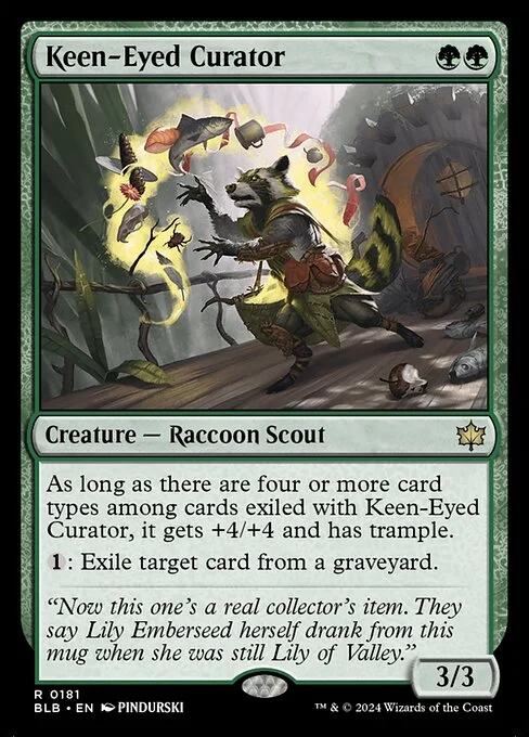 Keen-Eyed Curator, carta Magic di tipo Creature — Raccoon Scout illustrata da PINDURSKI