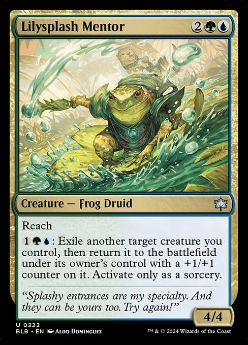 Lilysplash Mentor, carta Magic di tipo Creature — Frog Druid illustrata da Aldo Domínguez