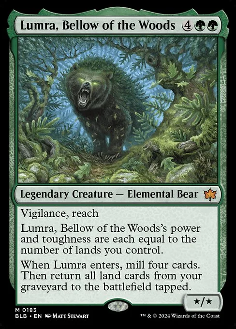 Lumra, Bellow of the Woods, carta Magic di tipo Legendary Creature — Elemental Bear illustrata da Matt Stewart