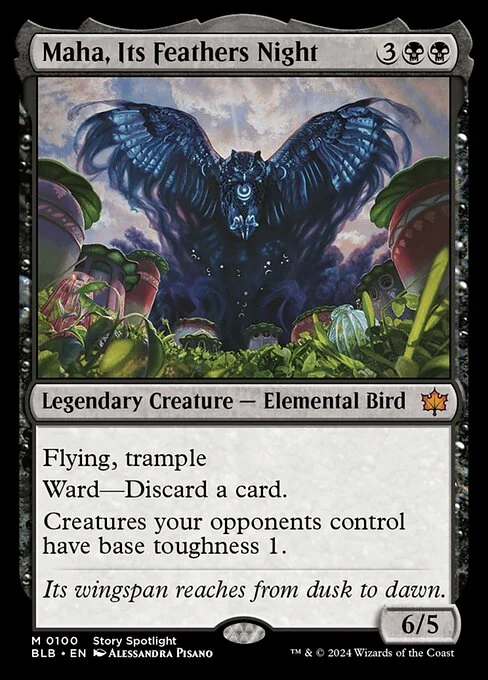 Maha, Its Feathers Night, carta Magic di tipo Legendary Creature — Elemental Bird illustrata da Alessandra Pisano