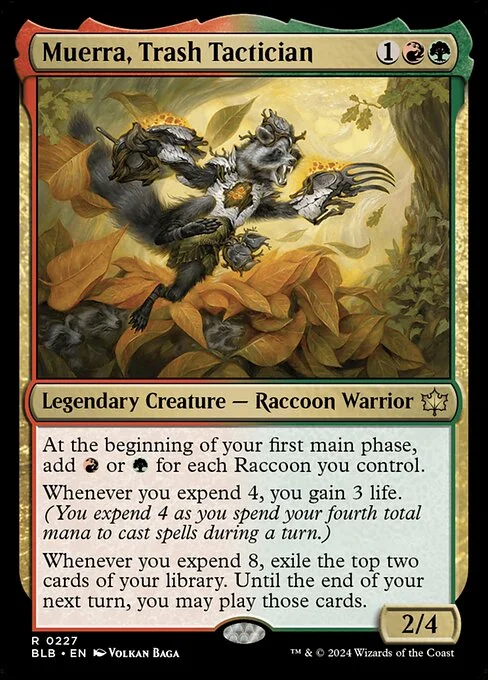 Muerra, Trash Tactician, carta Magic di tipo Legendary Creature — Raccoon Warrior illustrata da Volkan Baǵa