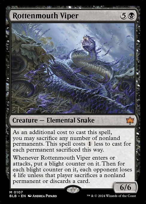 Rottenmouth Viper, carta Magic di tipo Creature — Elemental Snake illustrata da Andrea Piparo