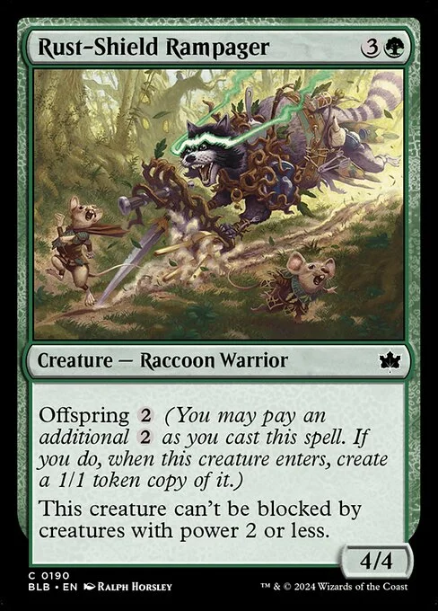Rust-Shield Rampager, carta Magic di tipo Creature — Raccoon Warrior illustrata da Ralph Horsley