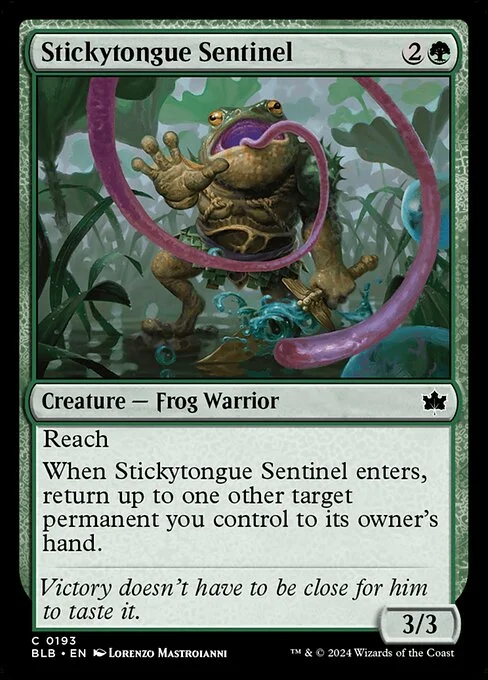 Stickytongue Sentinel, carta Magic di tipo Creature — Frog Warrior illustrata da Lorenzo Mastroianni