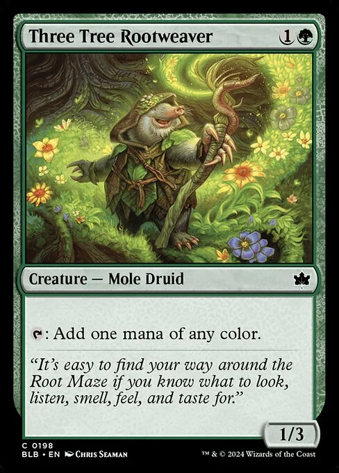 Three Tree Rootweaver, carta Magic di tipo Creature — Mole Druid illustrata da Chris Seaman
