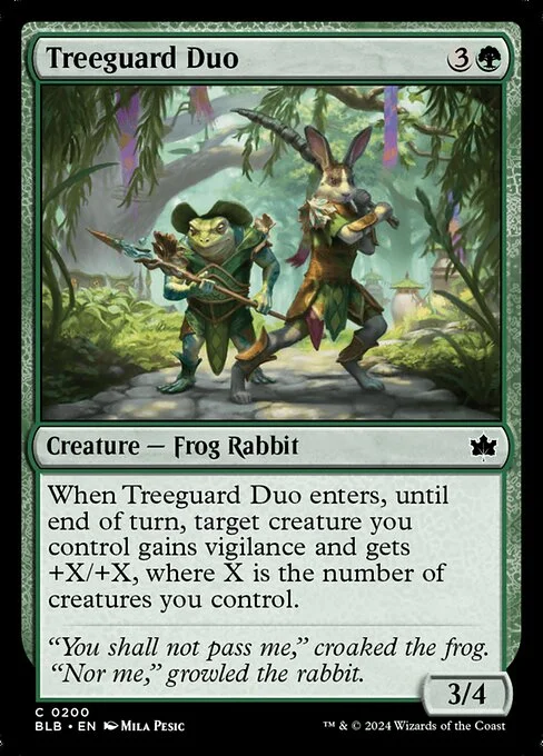 Treeguard Duo, carta Magic di tipo Creature — Frog Rabbit illustrata da Mila Pesic
