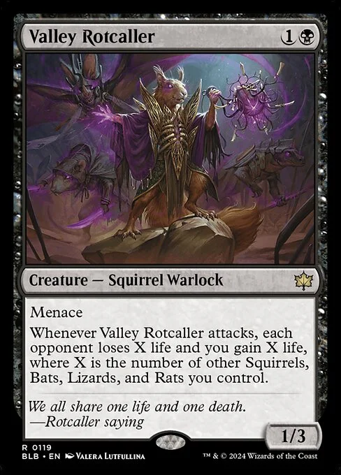 Valley Rotcaller, carta Magic di tipo Creature — Squirrel Warlock illustrata da Valera Lutfullina