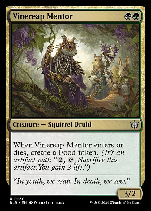 Vinereap Mentor, carta Magic di tipo Creature — Squirrel Druid illustrata da Valera Lutfullina