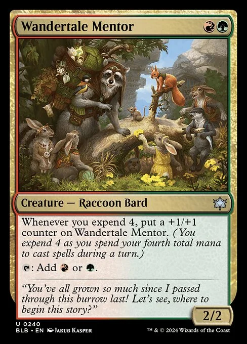 Wandertale Mentor, carta Magic di tipo Creature — Raccoon Bard illustrata da Jakub Kasper