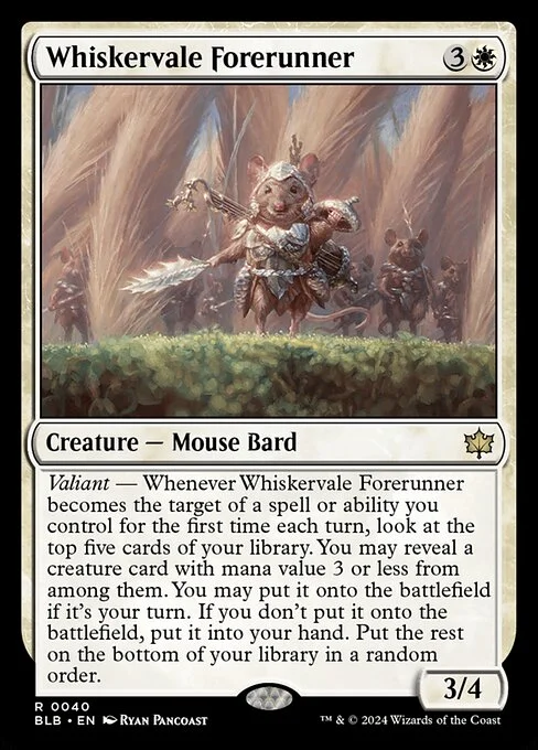 Whiskervale Forerunner, carta Magic di tipo Creature — Mouse Bard illustrata da Ryan Pancoast