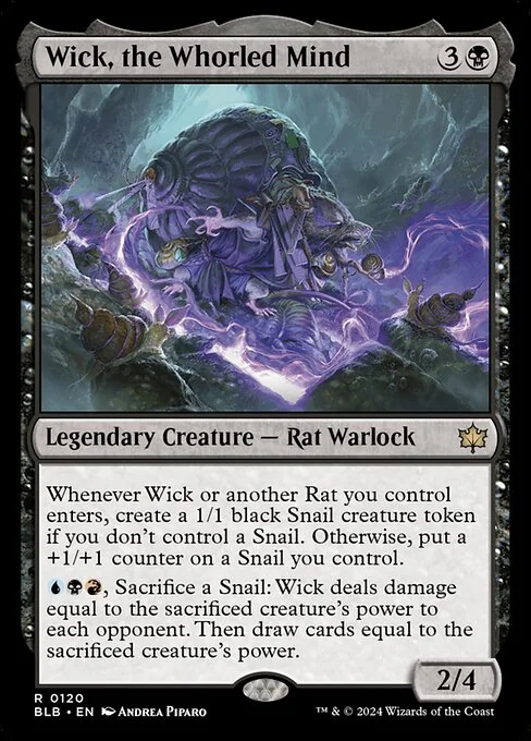 Wick, the Whorled Mind, carta Magic di tipo Legendary Creature — Rat Warlock illustrata da Andrea Piparo