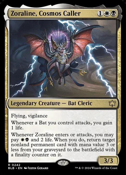 Zoraline, Cosmos Caller, carta Magic di tipo Legendary Creature — Bat Cleric illustrata da Justin Gerard