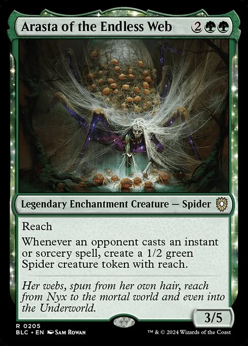 Arasta of the Endless Web, carta Magic di tipo Legendary Enchantment Creature — Spider illustrata da Sam Rowan