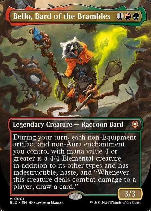 Bello, Bard of the Brambles, carta Magic di tipo Legendary Creature — Raccoon Bard illustrata da Slawomir Maniak