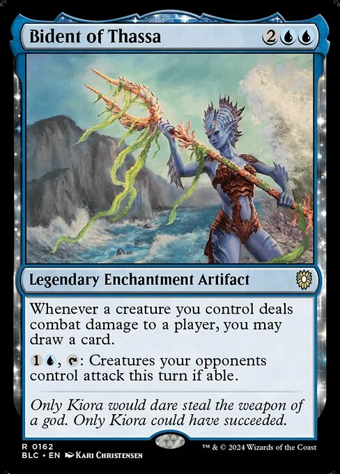 Bident of Thassa, carta Magic di tipo Legendary Enchantment Artifact illustrata da Kari Christensen
