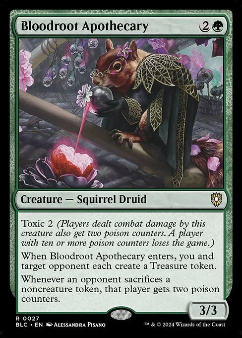 Bloodroot Apothecary, carta Magic di tipo Creature — Squirrel Druid illustrata da Alessandra Pisano