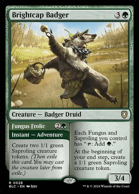 Brightcap Badger // Fungus Frolic, carta Magic di tipo Creature — Badger Druid // Instant — Adventure illustrata da Izzy