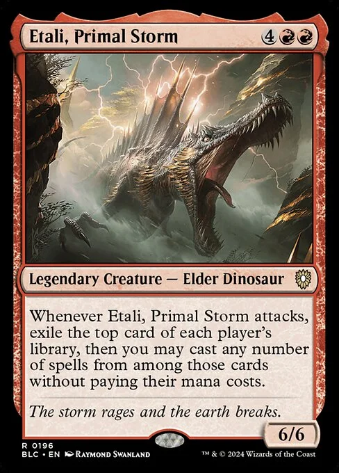Etali, Primal Storm, carta Magic di tipo Legendary Creature — Elder Dinosaur illustrata da Raymond Swanland