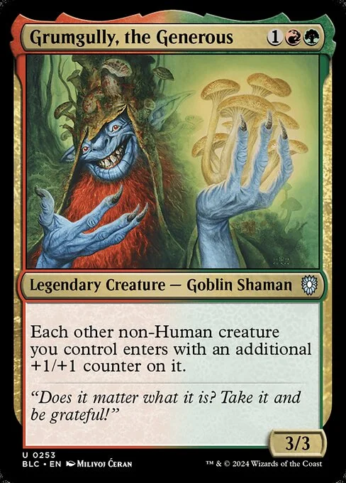 Grumgully, the Generous, carta Magic di tipo Legendary Creature — Goblin Shaman illustrata da Milivoj Ćeran