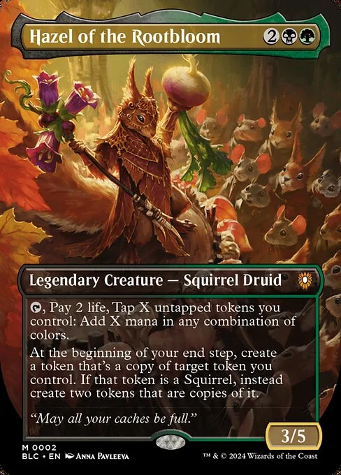 Hazel of the Rootbloom, carta Magic di tipo Legendary Creature — Squirrel Druid illustrata da Anna Pavleeva
