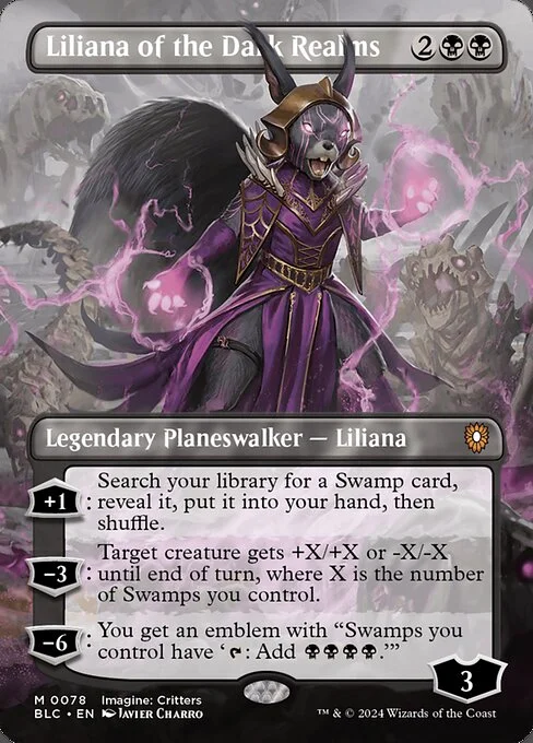 Liliana of the Dark Realms, carta Magic di tipo Legendary Planeswalker — Liliana illustrata da Javier Charro