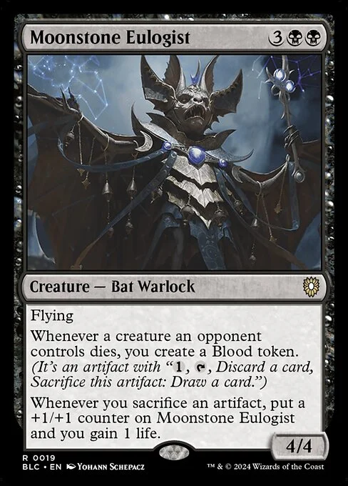 Moonstone Eulogist, carta Magic di tipo Creature — Bat Warlock illustrata da Yohann Schepacz