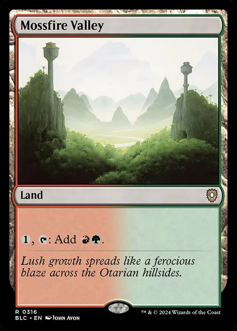 Mossfire Valley, carta Magic di tipo Land illustrata da John Avon