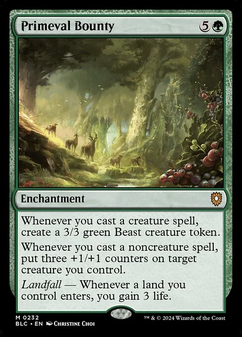 Primeval Bounty, carta Magic di tipo Enchantment illustrata da Christine Choi