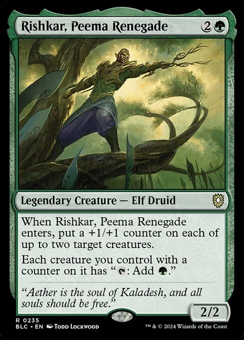 Rishkar, Peema Renegade, carta Magic di tipo Legendary Creature — Elf Druid illustrata da Todd Lockwood