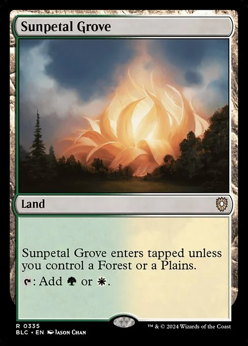 Sunpetal Grove, carta Magic di tipo Land illustrata da Jason Chan