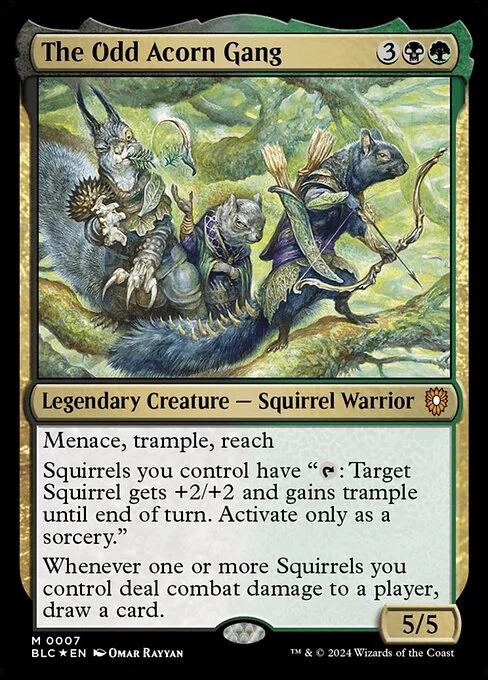 The Odd Acorn Gang, carta Magic di tipo Legendary Creature — Squirrel Warrior illustrata da Omar Rayyan